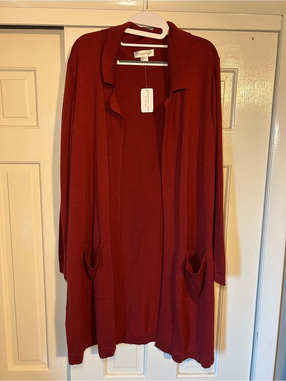 Christopher & Banks Open-Front Long Cardigan in Deep Red